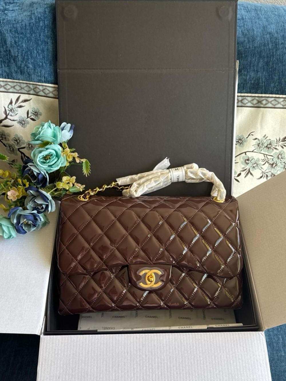 Burgundy Quilted Patent Leather Shoulder Bag with Gold Hardware
